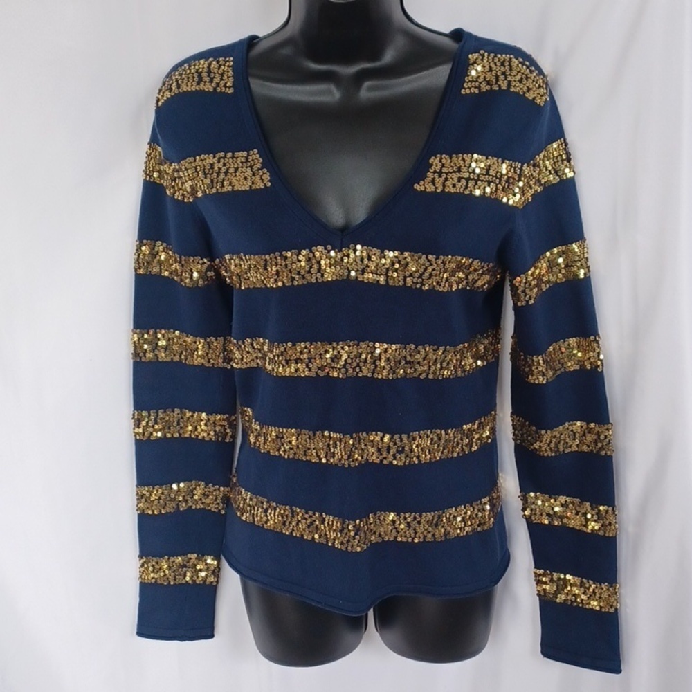 WR 9000 silk/cashmere v neck navy sweater gold sequined stripes size M, 17" PTP